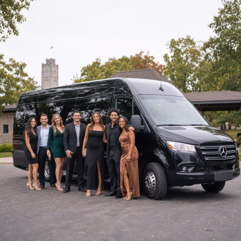 Group beside a Mercedes Sprinter limo from the San Francisco fleet