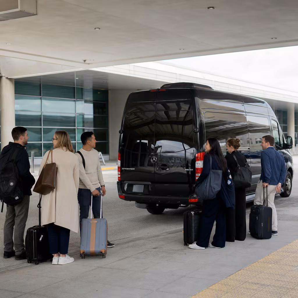 Group boarding a white charter bus for Airport Transportation transportation in San Francisco