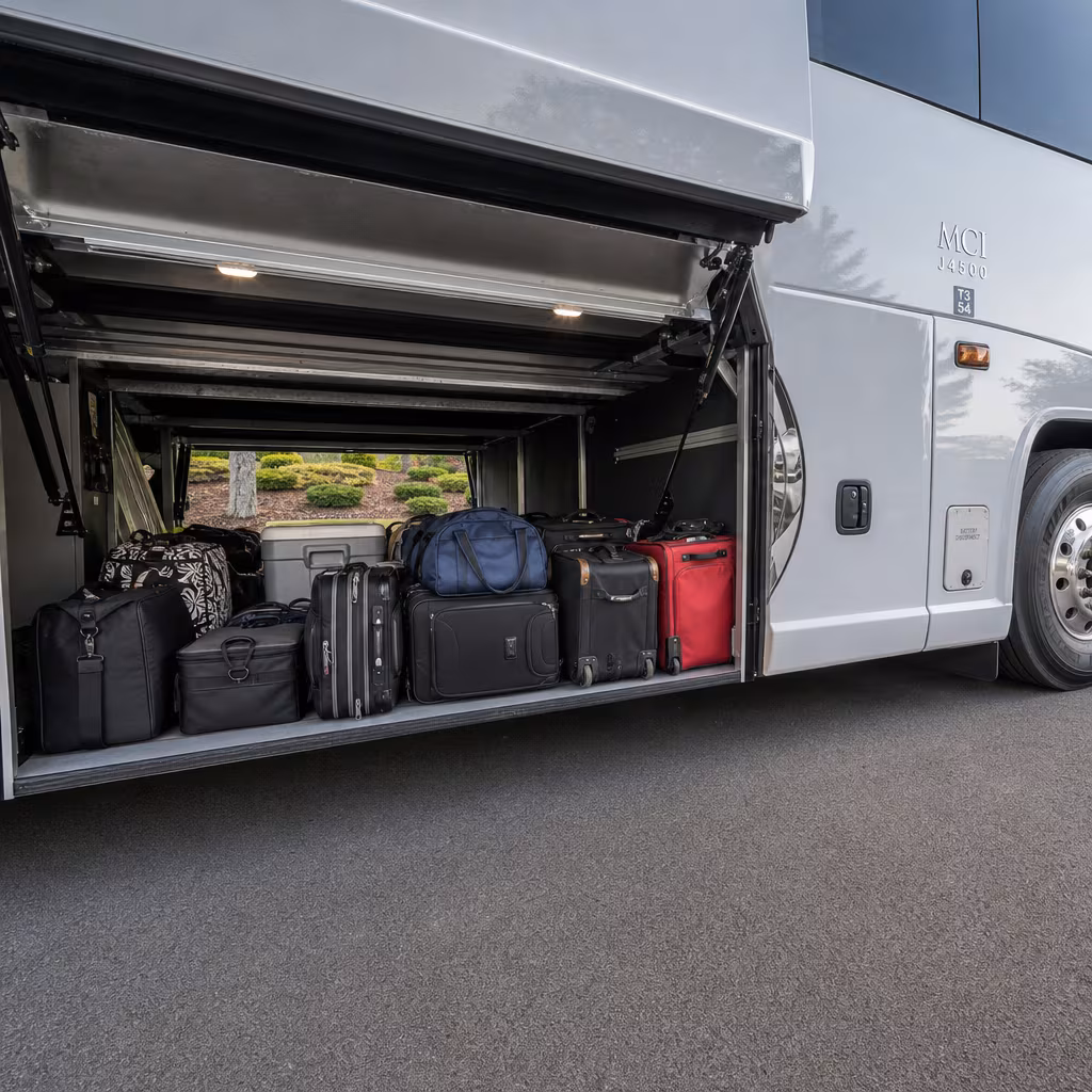 Party bus interior with wraparound leather seating and LED lighting in San Francisco