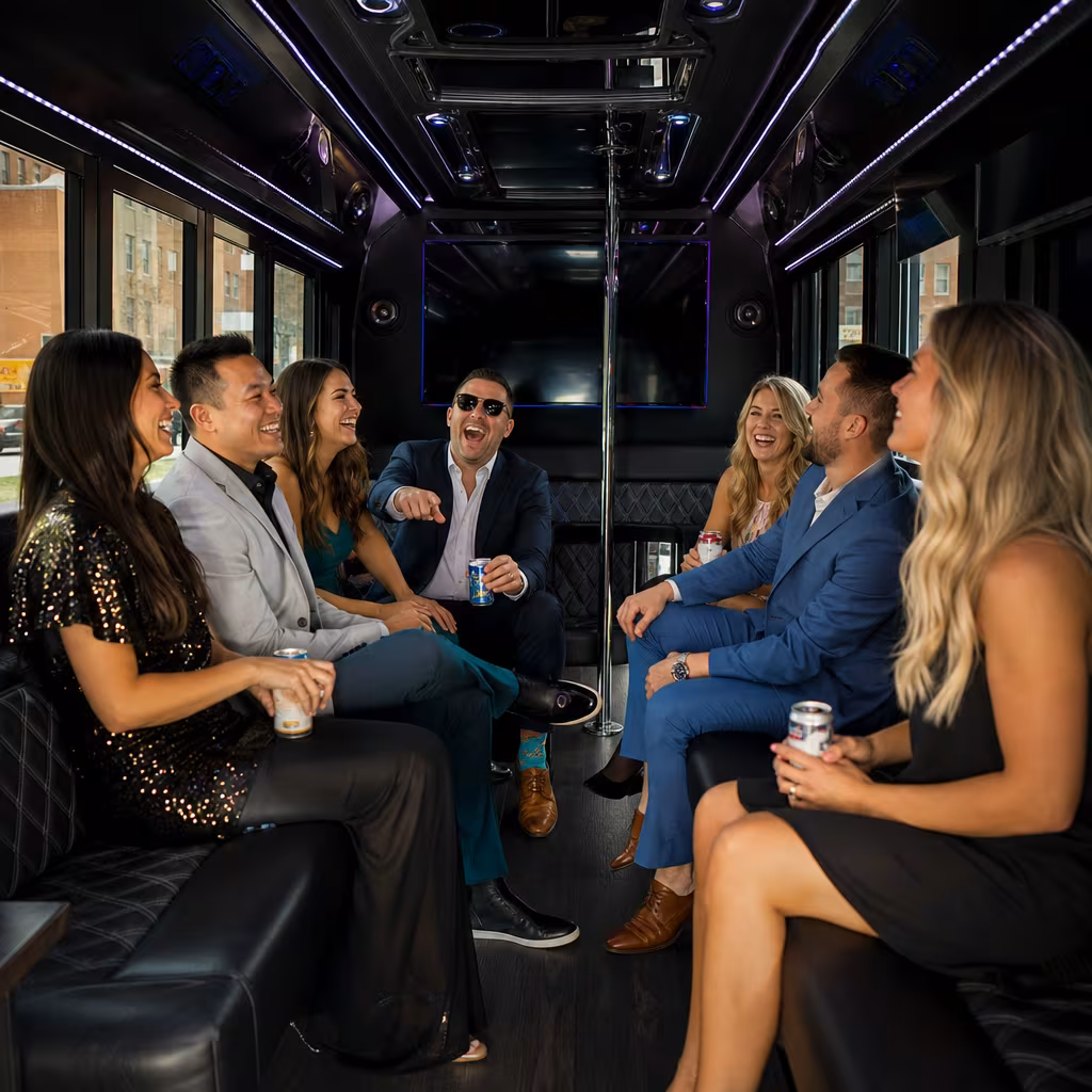 Party bus interior with wraparound leather seating and LED lighting in San Francisco