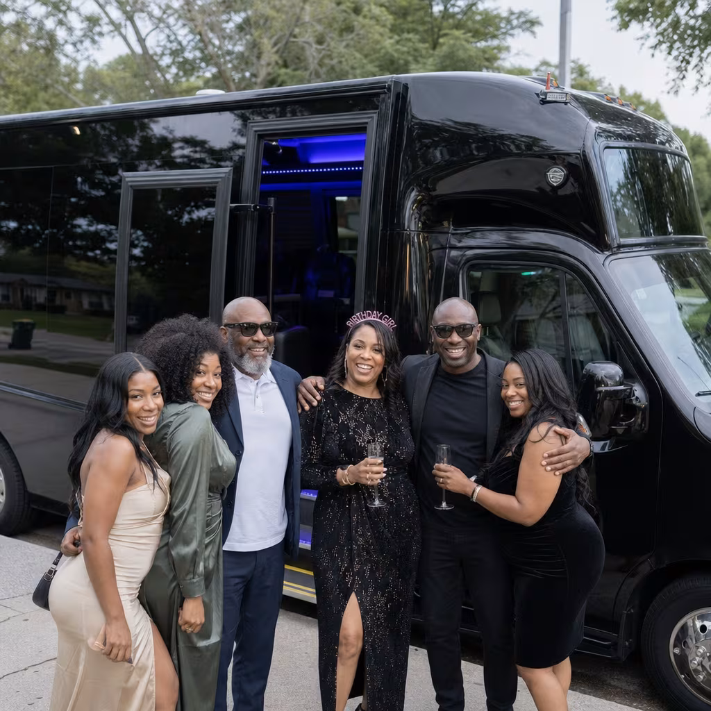 Party bus interior with wraparound leather seating and LED lighting in San Francisco