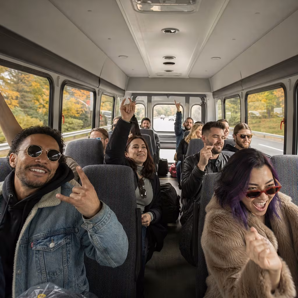 Party bus interior with wraparound leather seating and LED lighting in San Francisco
