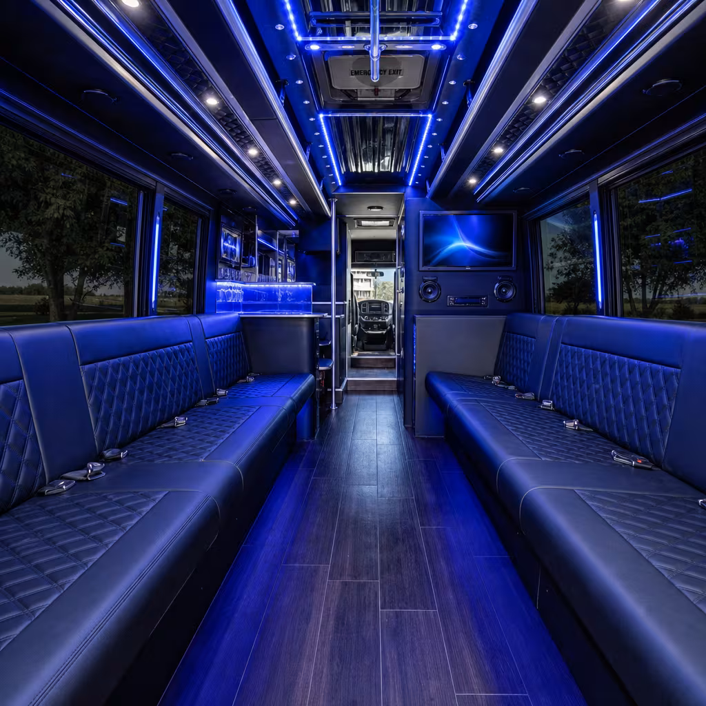 Party bus interior with wraparound leather seating and LED lighting in San Francisco