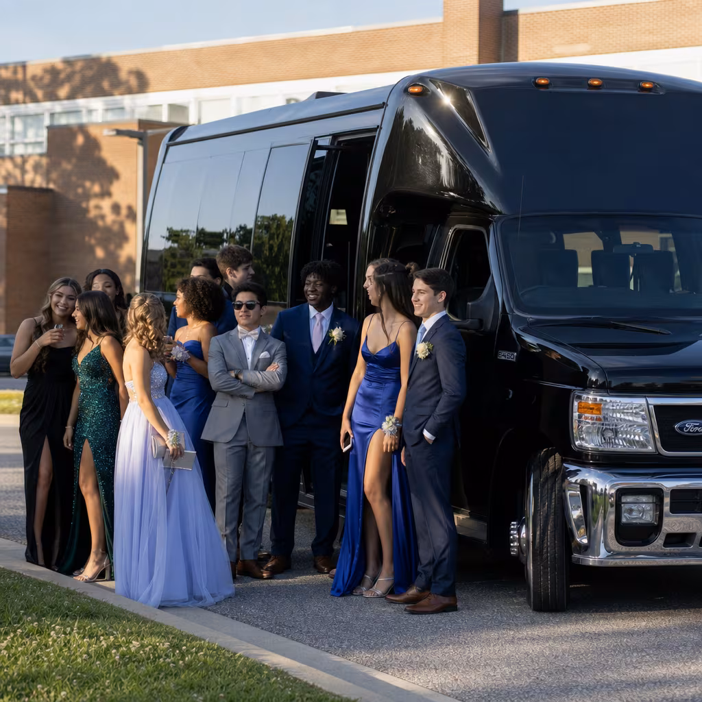 Group boarding a white charter bus for Prom & Homecoming Transportation transportation in San Francisco