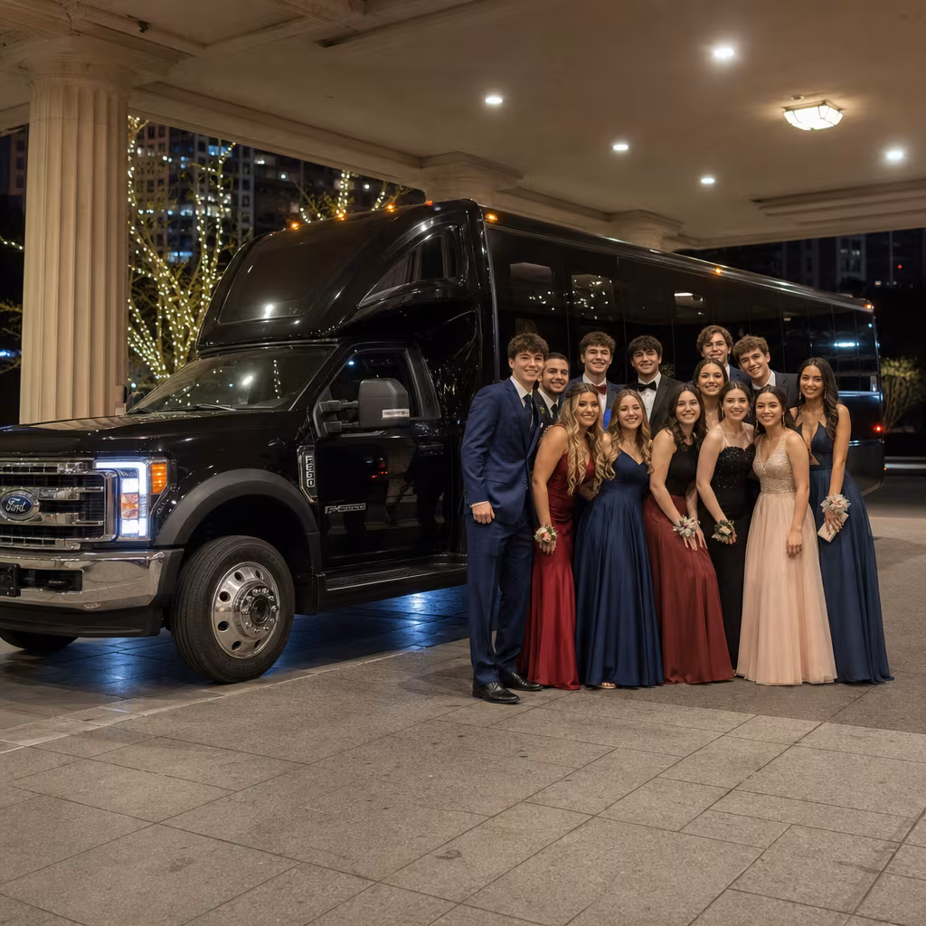 Party bus interior with wraparound leather seating and LED lighting in San Francisco