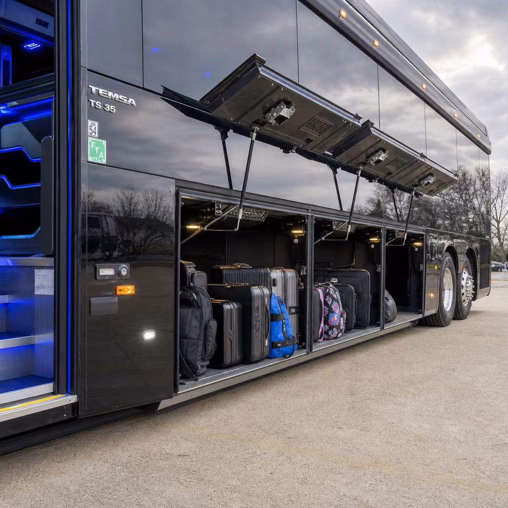 Party bus interior with wraparound leather seating and LED lighting in San Francisco
