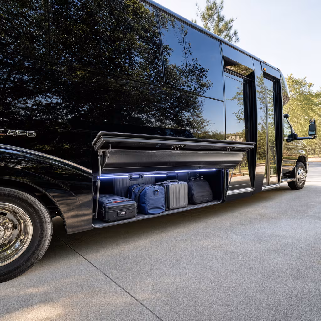 Party bus interior with wraparound leather seating and LED lighting in San Francisco