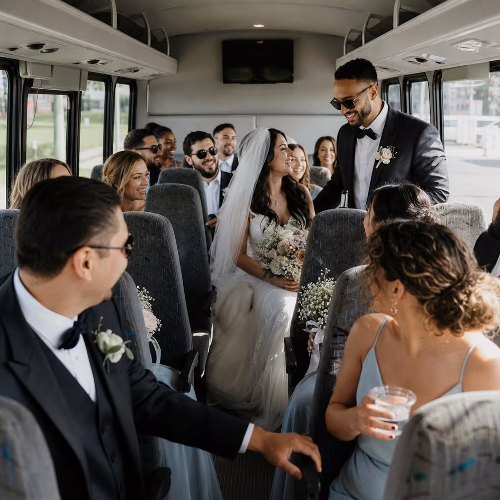 Group boarding a white charter bus for Wedding Transportation transportation in San Francisco