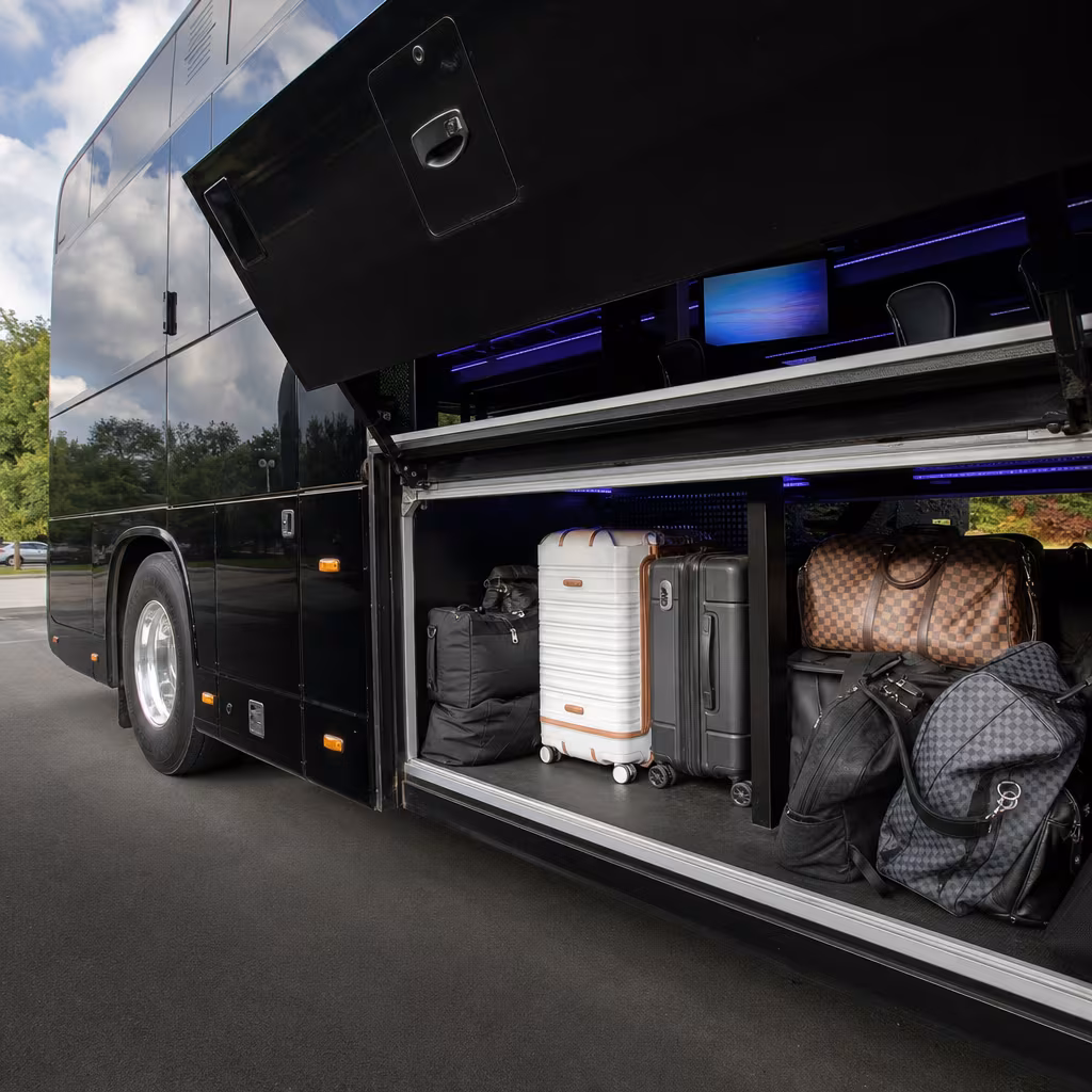 Party bus interior with wraparound leather seating and LED lighting in San Francisco