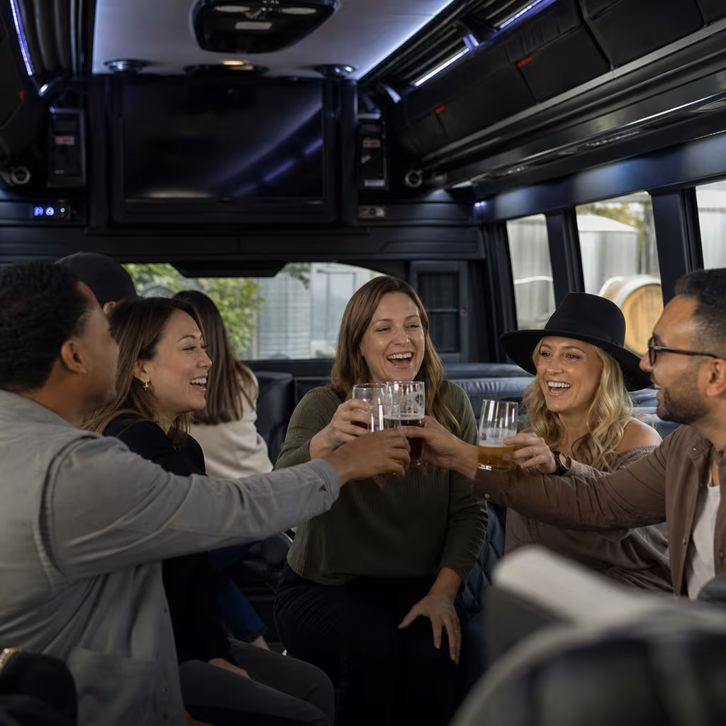 Group boarding a white charter bus for Winery & Brewery Tour Transportation transportation in San Francisco