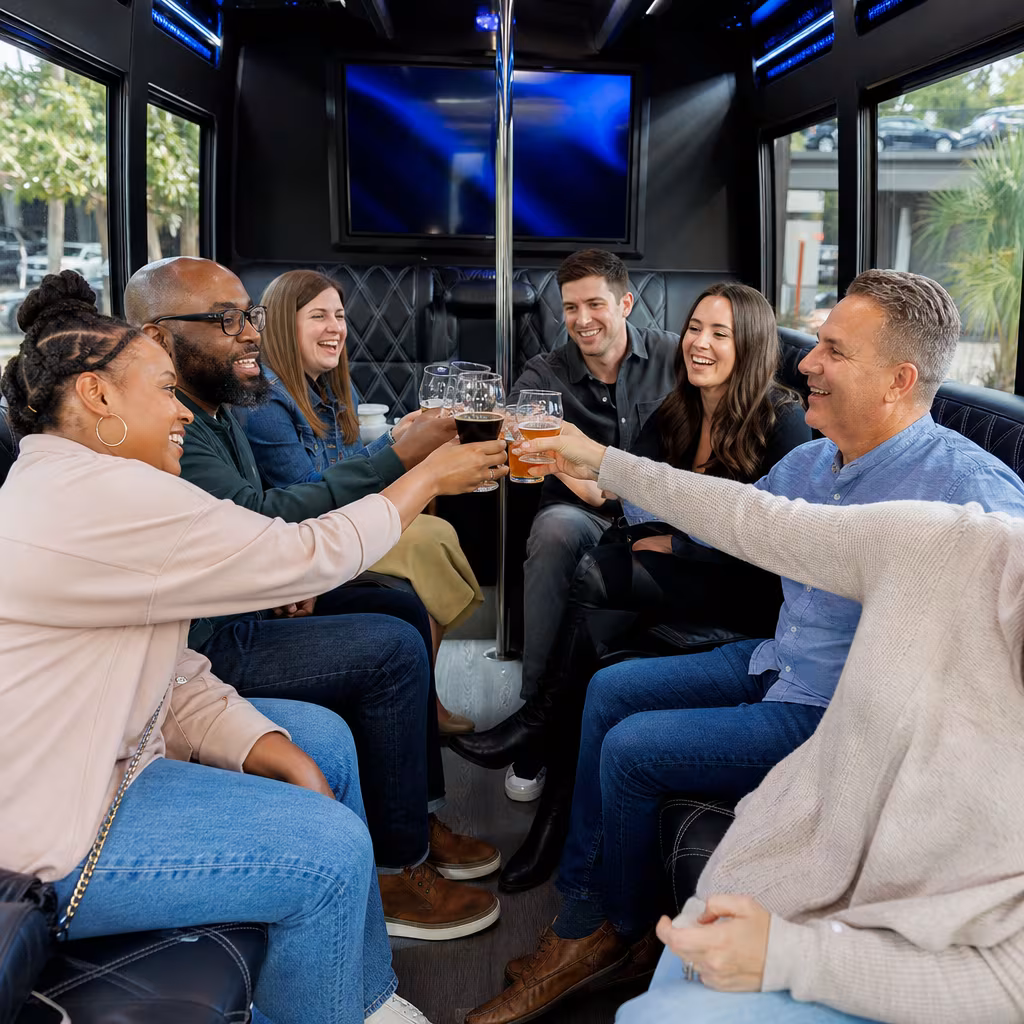 Black Mercedes Sprinter van staged for an San Francisco Winery & Brewery Tour Transportation group